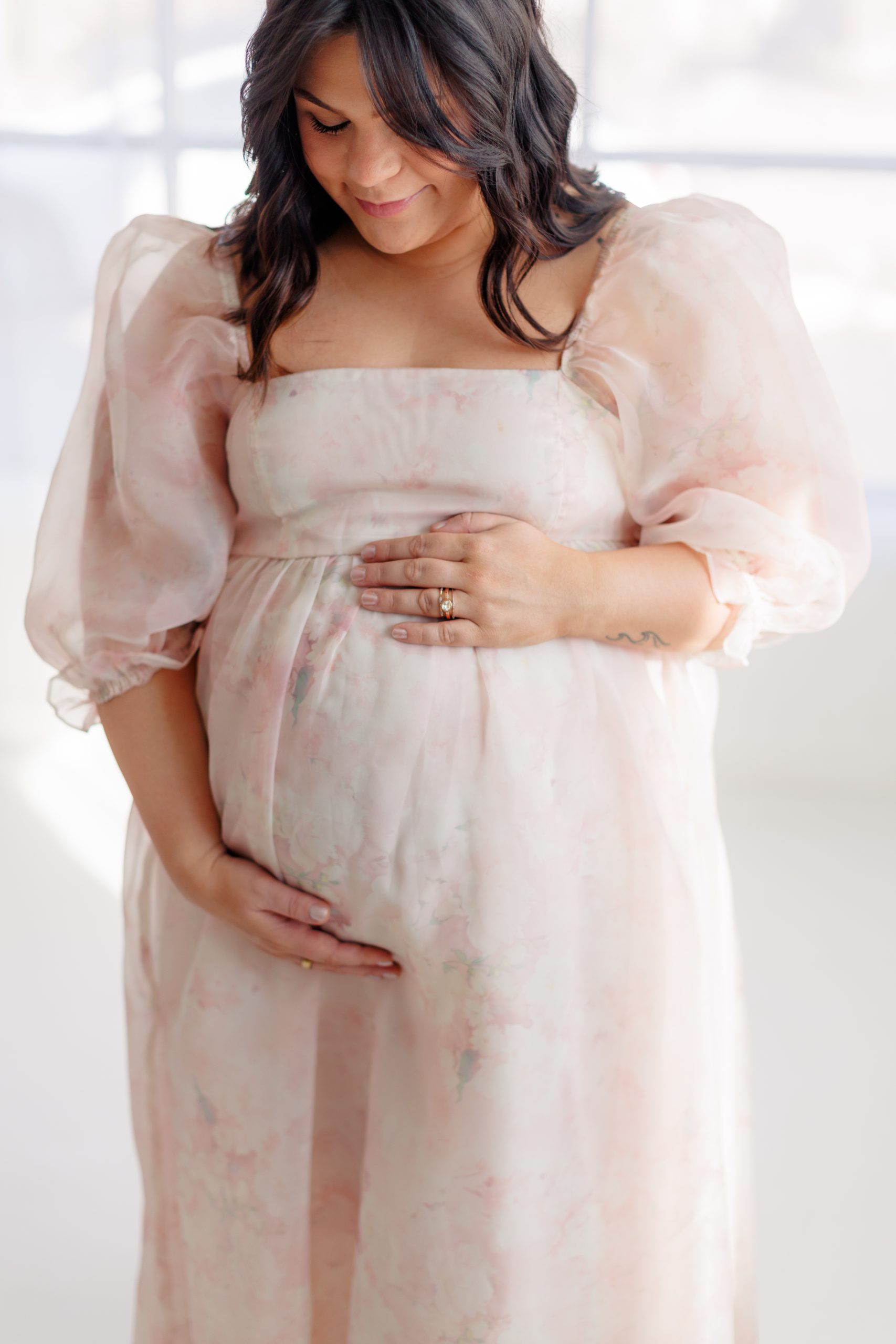 pregnant mother in flowing dress at studio maternity session - St Louis maternity photographer